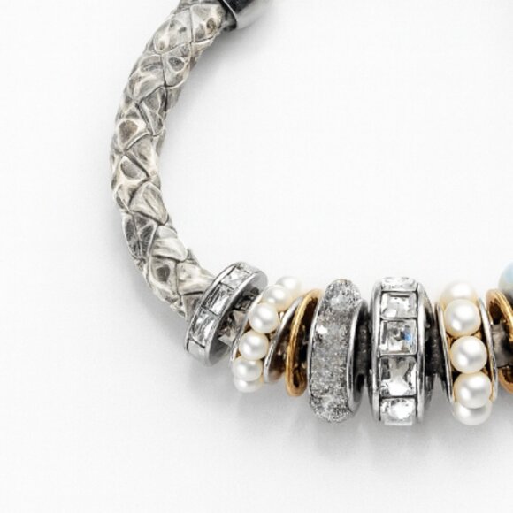 Henri Bendel Braided Snakeskin Bracelet – Pearl, Crystal, Silver, Gold Charms - Picture 1 of 4